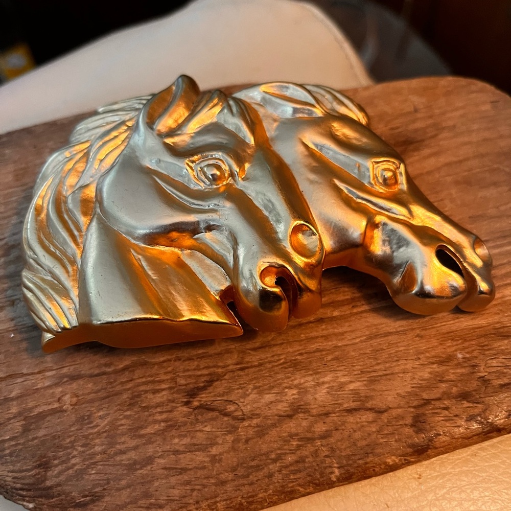 Doreen Ryan Two Horse Head Buckle Signed Gold Tone Vintage 1993 LARGE!